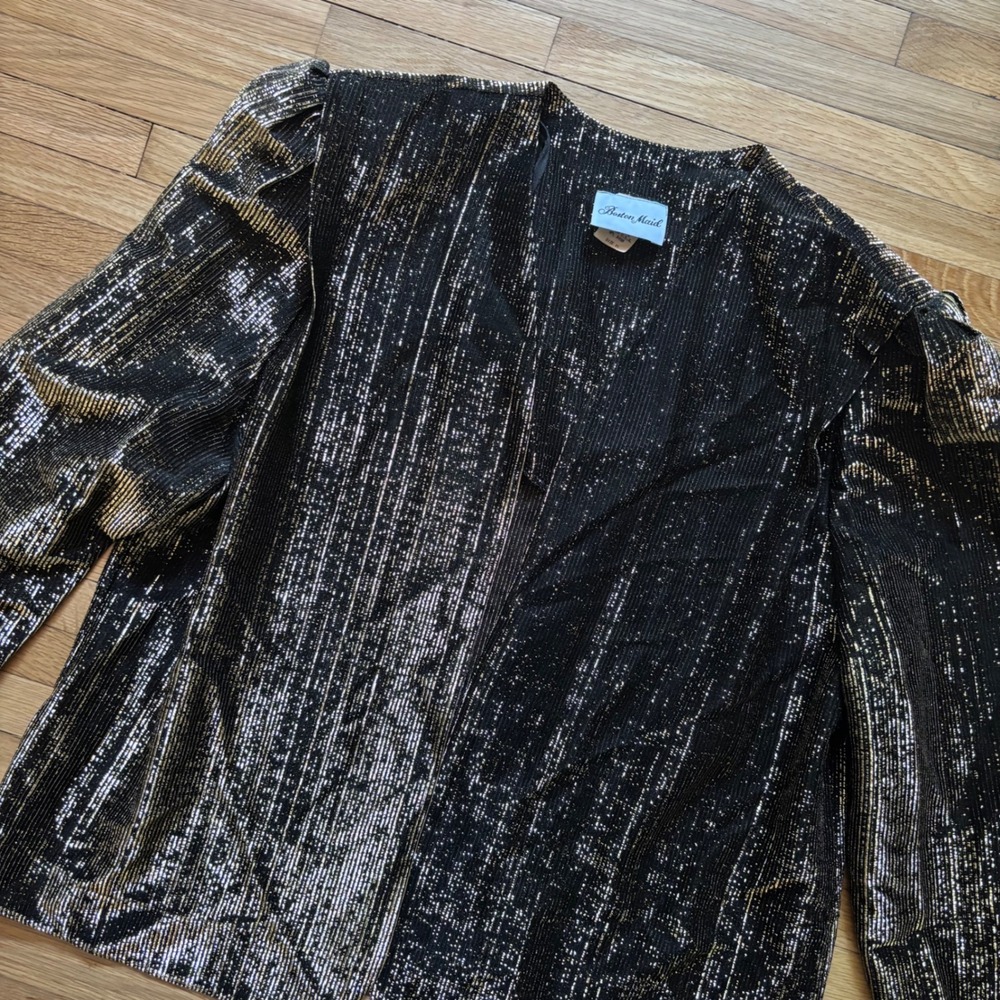 Boston Maid Jacket VTG 80s Metallic Gold Black Open Front Puff Sleeve Blazer 16